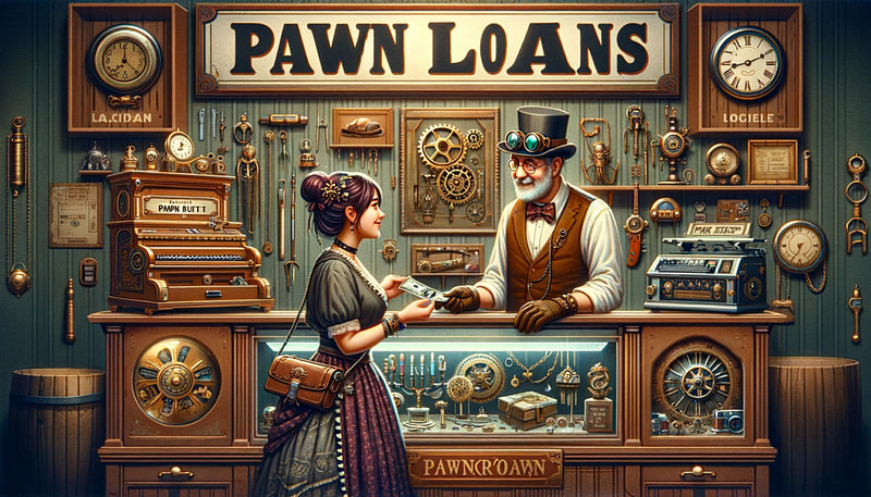 interior of a pawn shop large sign saying Pawn Loans man and woman