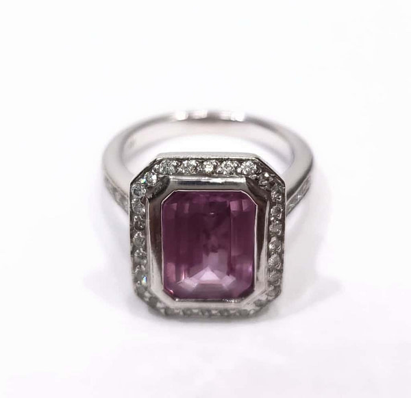 Large Unique 14K White Gold Pink Sapphire Cocktail Ring with Diamonds Rings