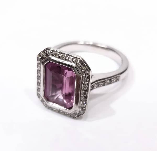 Large Unique 14K White Gold Pink Sapphire Cocktail Ring with Diamonds Rings